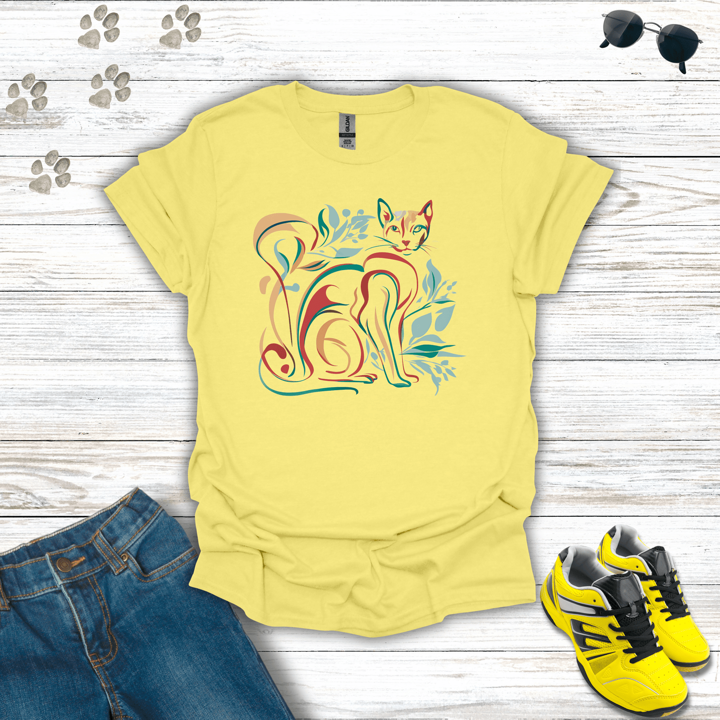 Leafy Lines: The Artful Cat T-Shirt Cornsilk / S unisex graphic t-shirt
