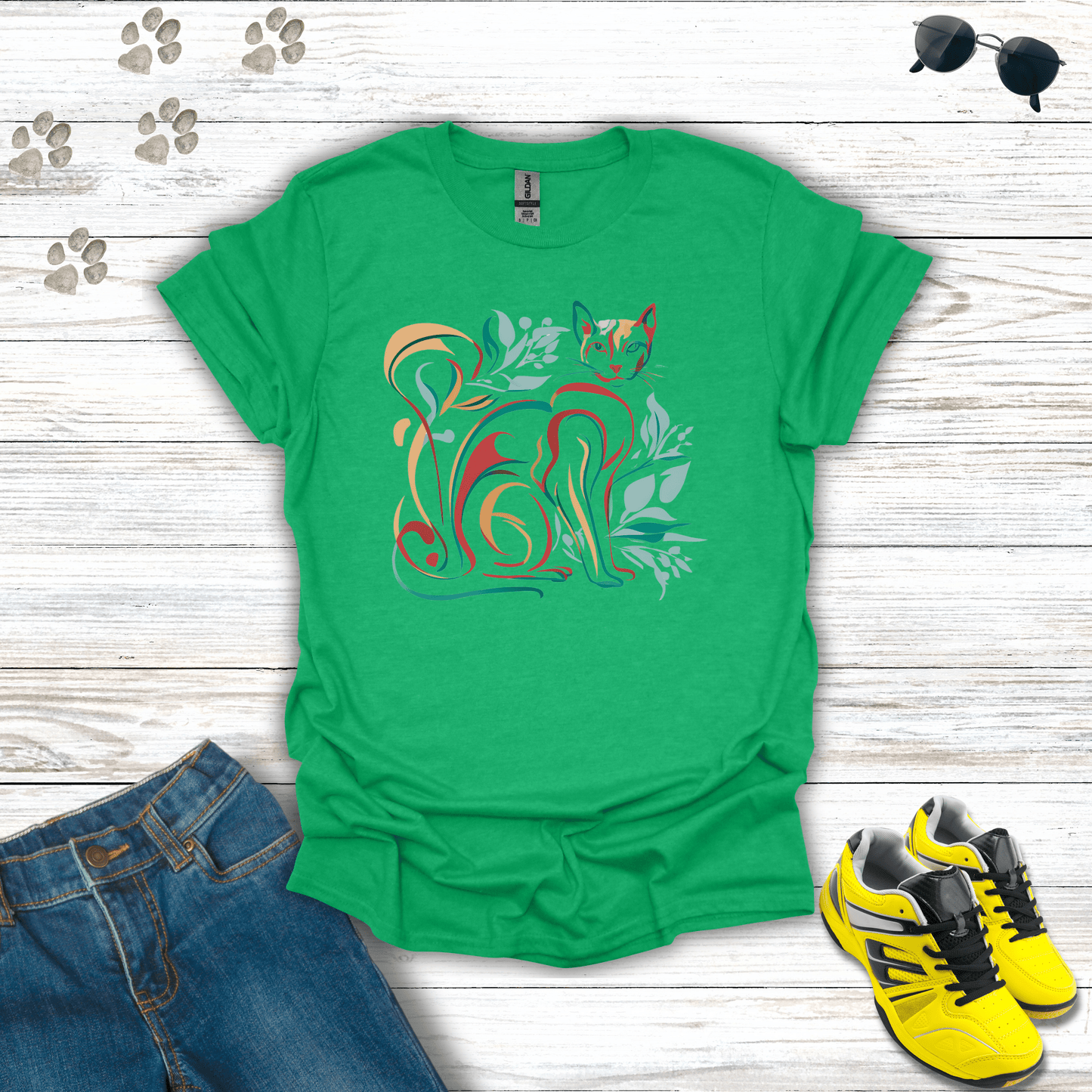 Leafy Lines: The Artful Cat T-Shirt Heather Irish Green / S unisex graphic t-shirt