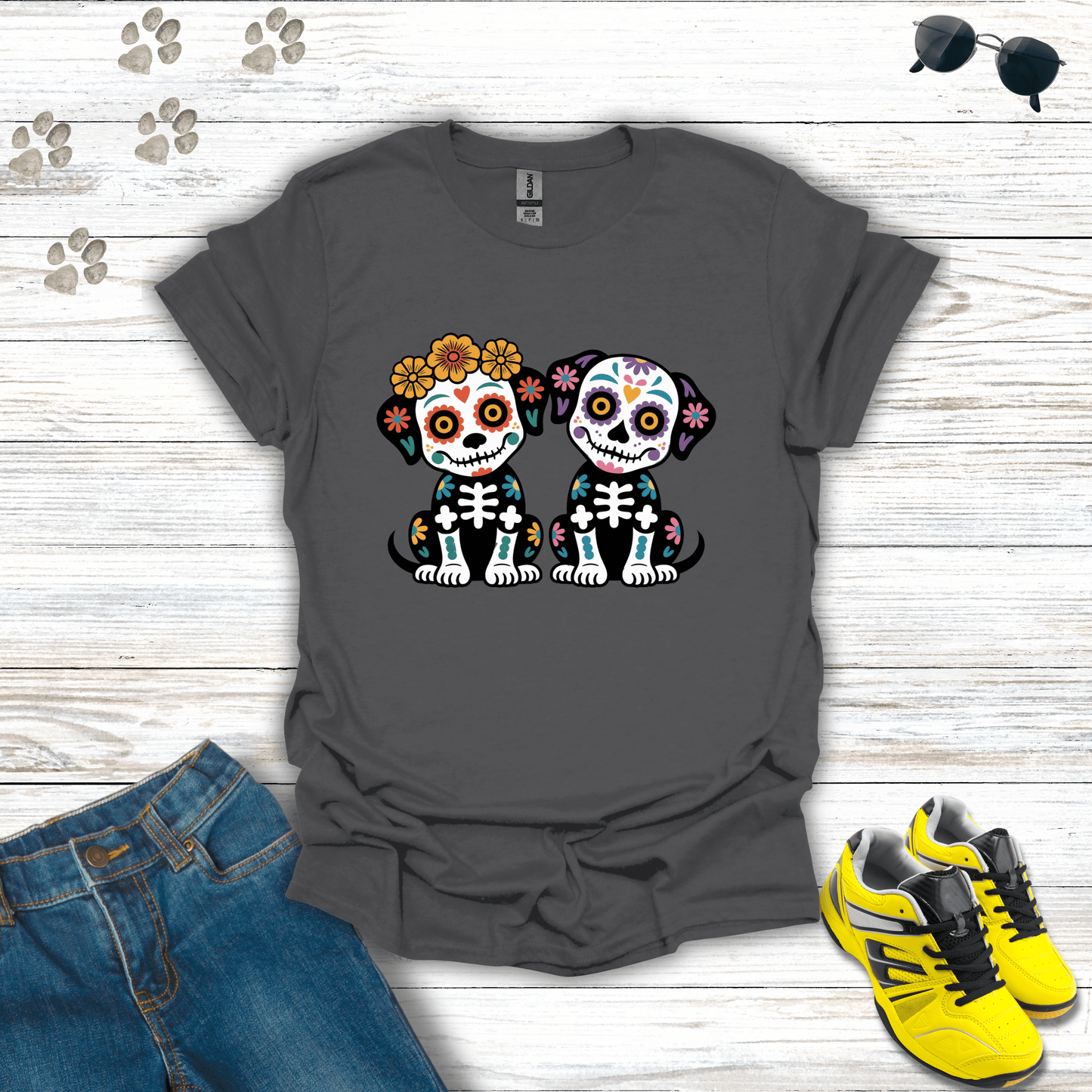 Los Hermanos Perritos Sugar Skull Dog Duo T-Shirt Charcoal / S unisex graphic t-shirt
