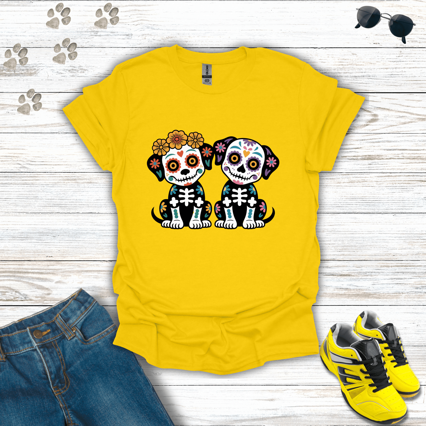 Los Hermanos Perritos Sugar Skull Dog Duo T-Shirt Daisy / S unisex graphic t-shirt