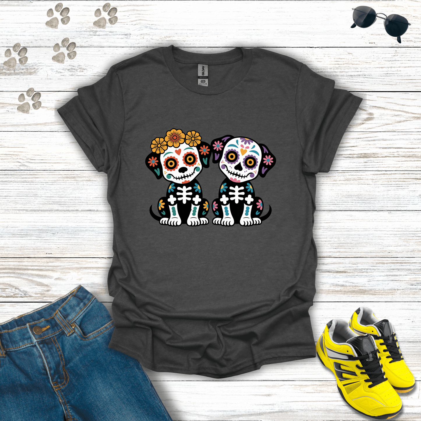 Los Hermanos Perritos Sugar Skull Dog Duo T-Shirt Dark Heather / S unisex graphic t-shirt