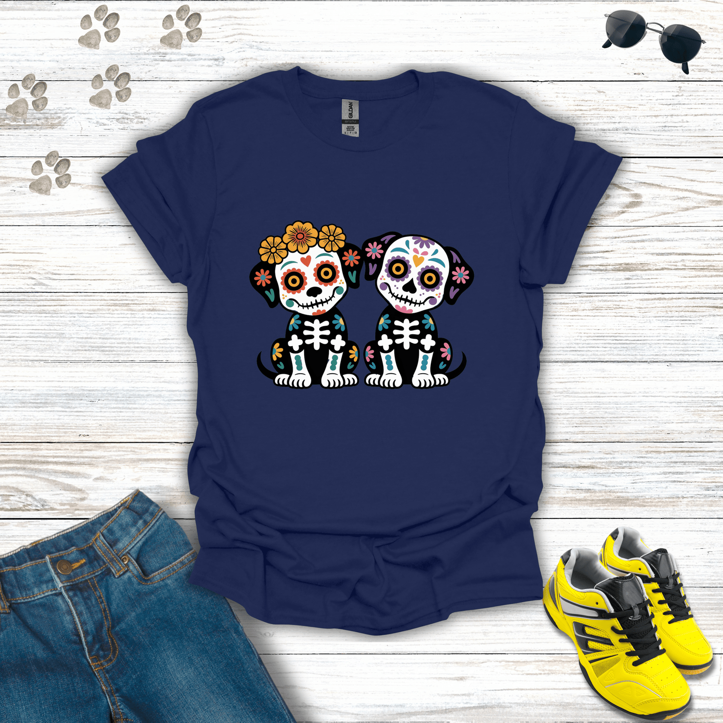 Los Hermanos Perritos Sugar Skull Dog Duo T-Shirt Navy / S unisex graphic t-shirt