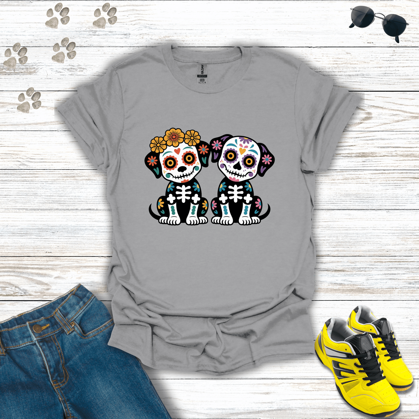 Los Hermanos Perritos Sugar Skull Dog Duo T-Shirt Sport Grey / S unisex graphic t-shirt
