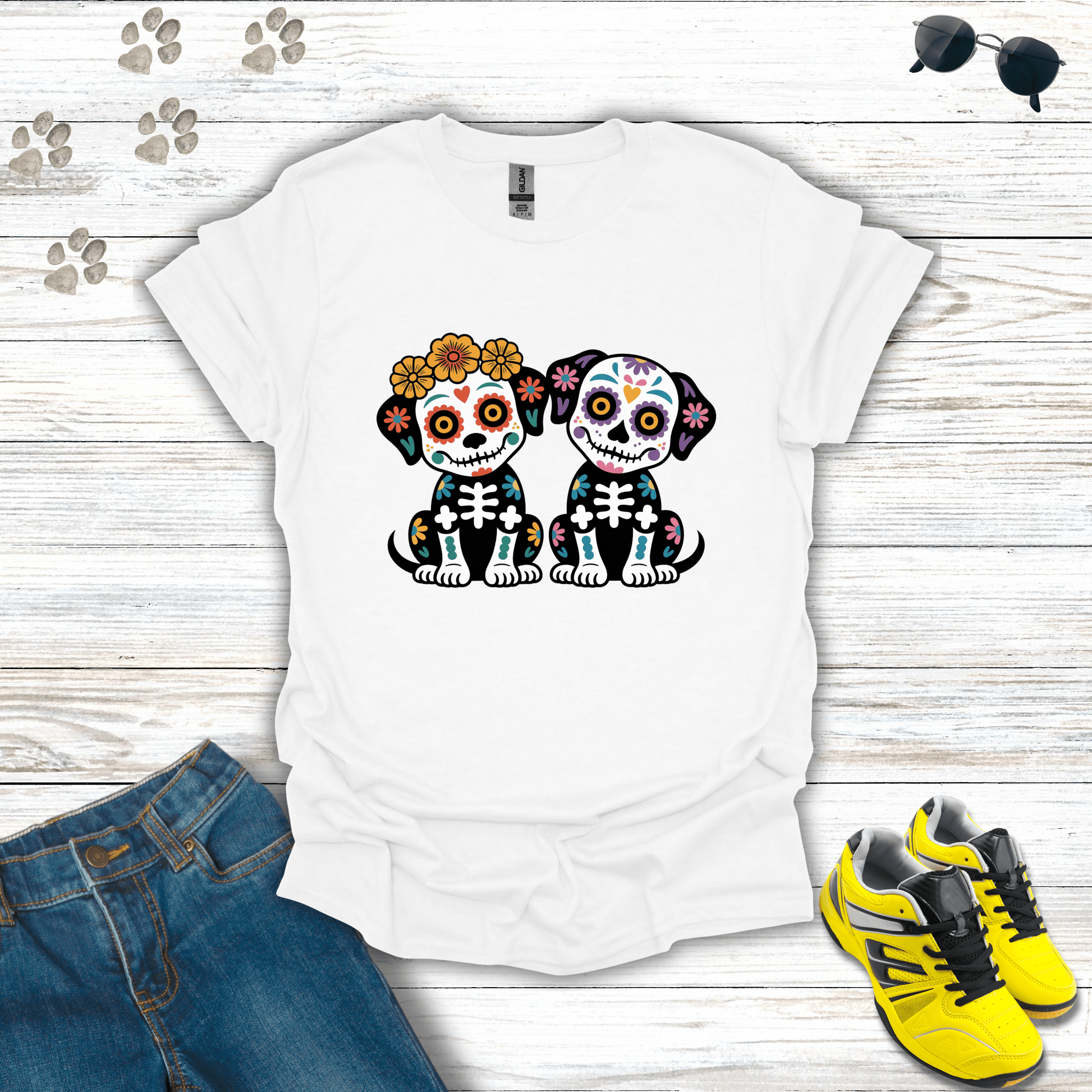 Los Hermanos Perritos Sugar Skull Dog Duo T-Shirt White / S unisex graphic t-shirt