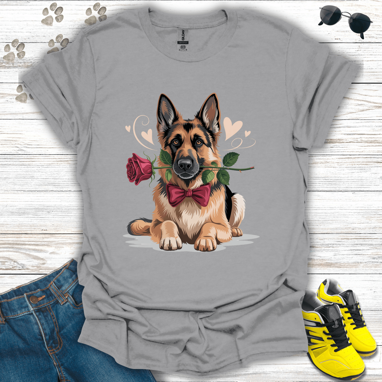 German Shepherd with rose and blush hearts printed on ice grey tee