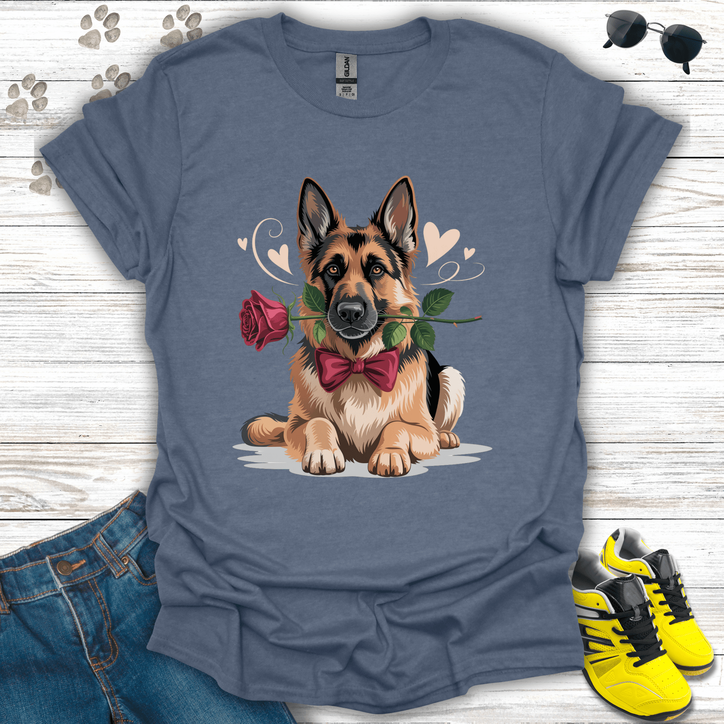 German Shepherd rose design with blush hearts printed on heather indigo T-shirt