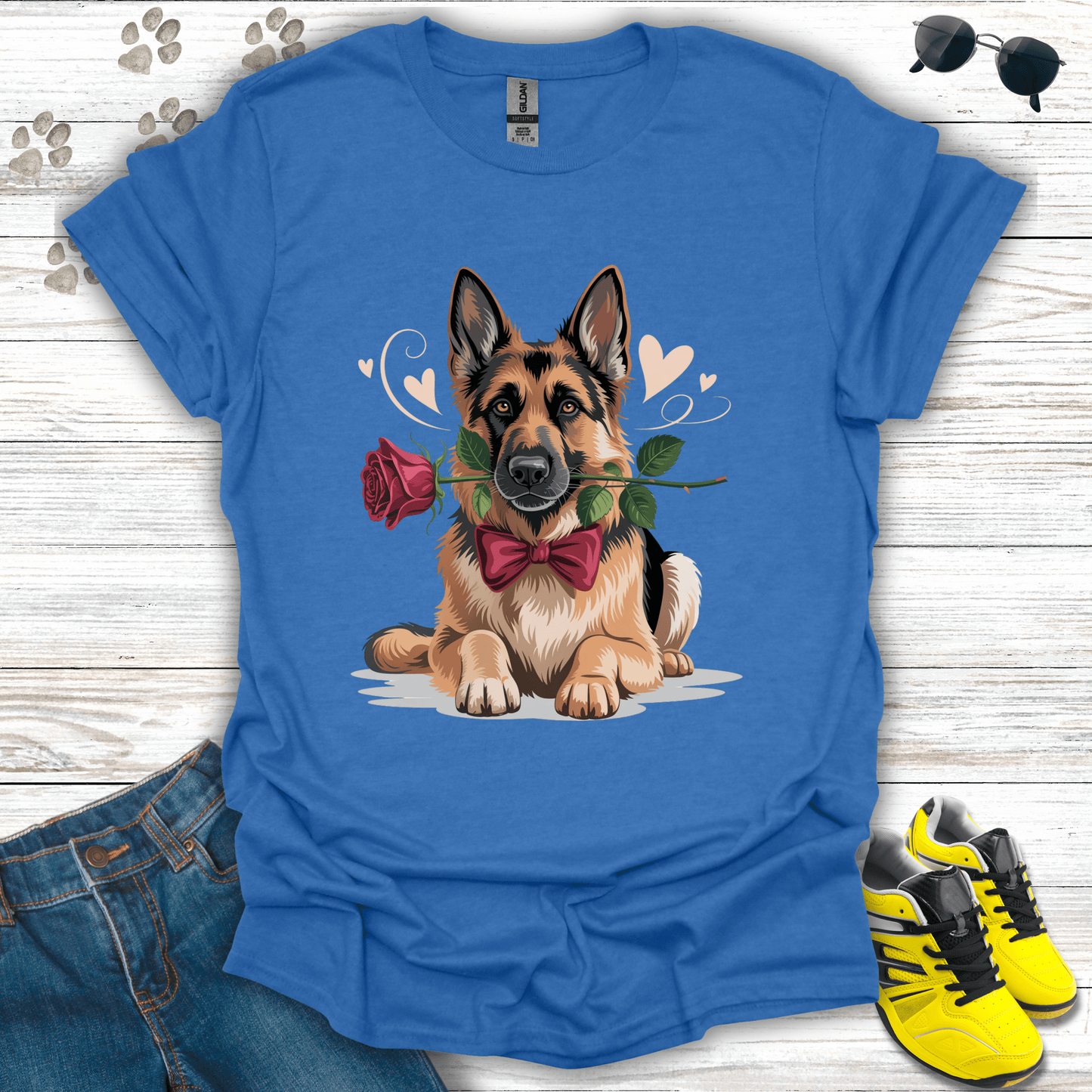 German Shepherd Valentine illustration printed on heather royal shirt