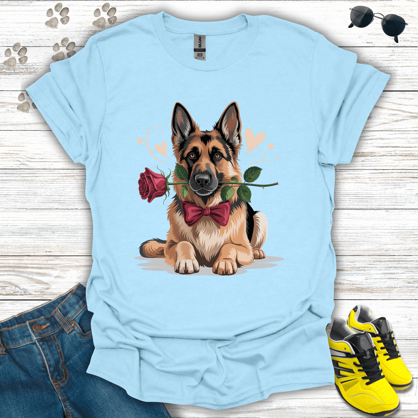 Shepherd Valentine rose and heart design printed on light blue T-shirt
