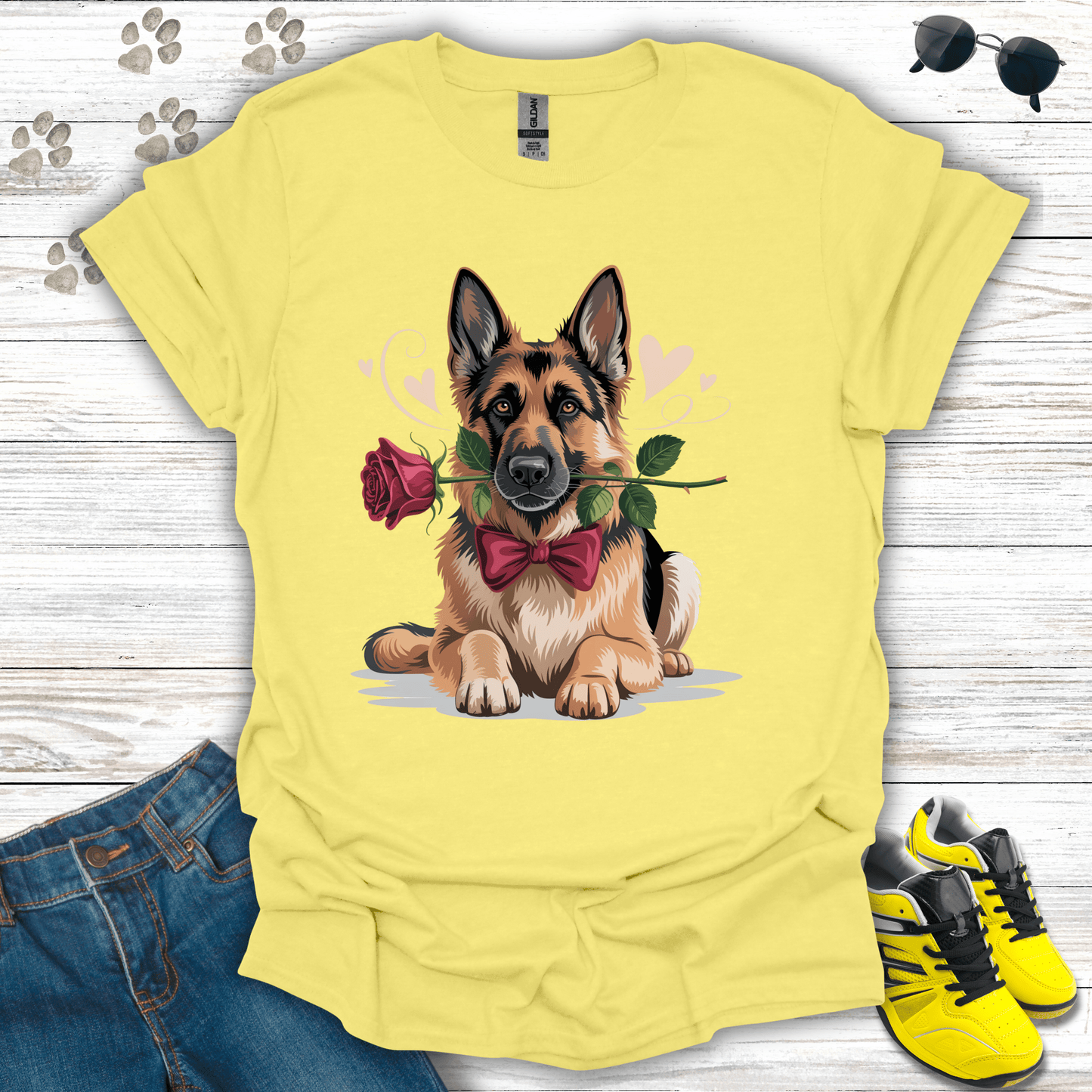 German Shepherd rose Valentine artwork on cornsilk yellow shirt
