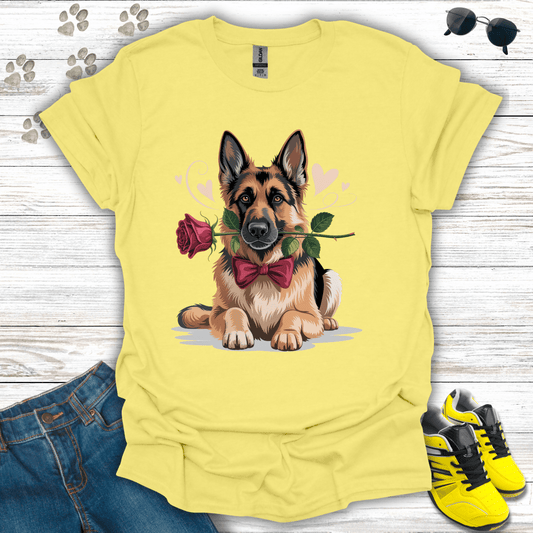 German Shepherd rose Valentine artwork on cornsilk yellow shirt
