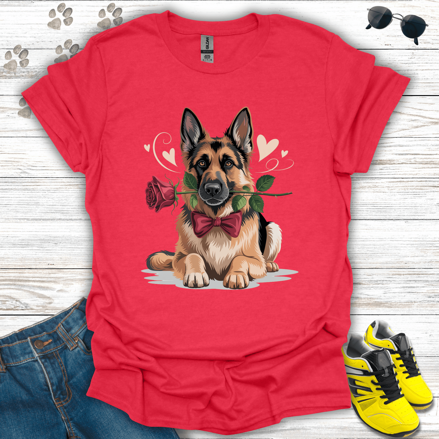 German Shepherd rose and heart accents printed on heather red Valentine shirt