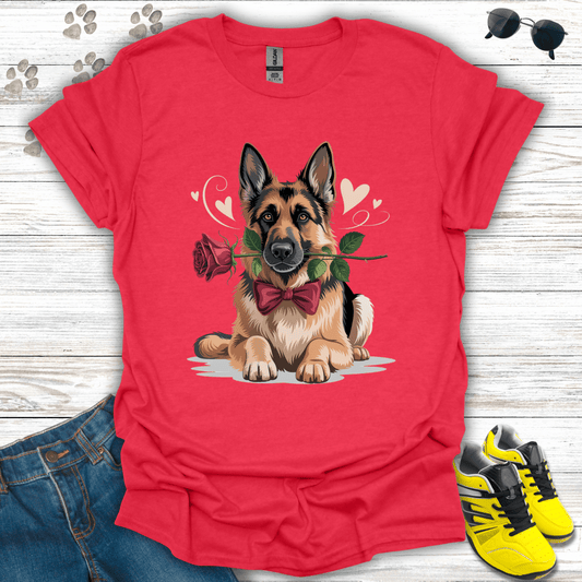 German Shepherd rose and heart accents printed on heather red Valentine shirt