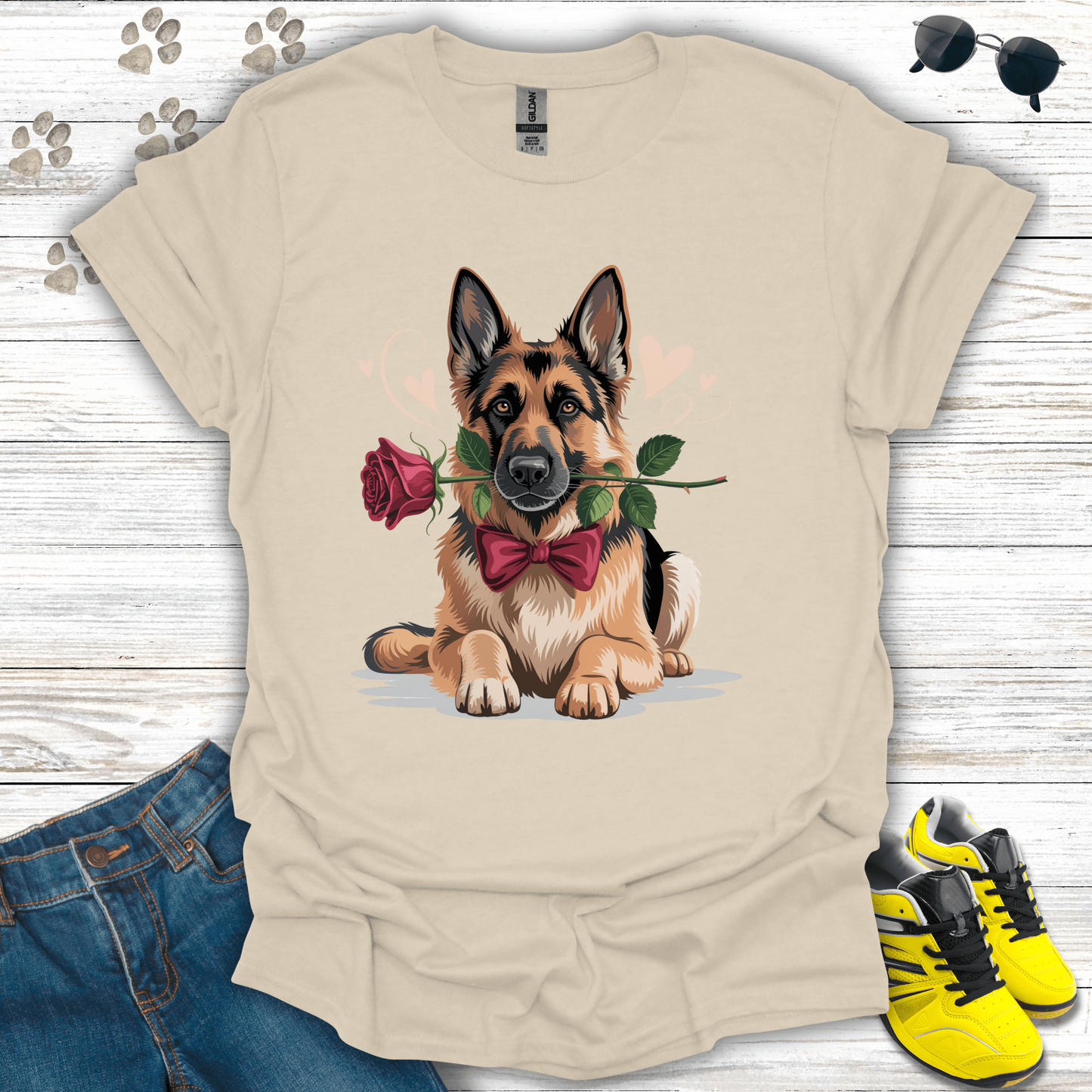 German Shepherd with rose and soft hearts printed on natural Valentine tee