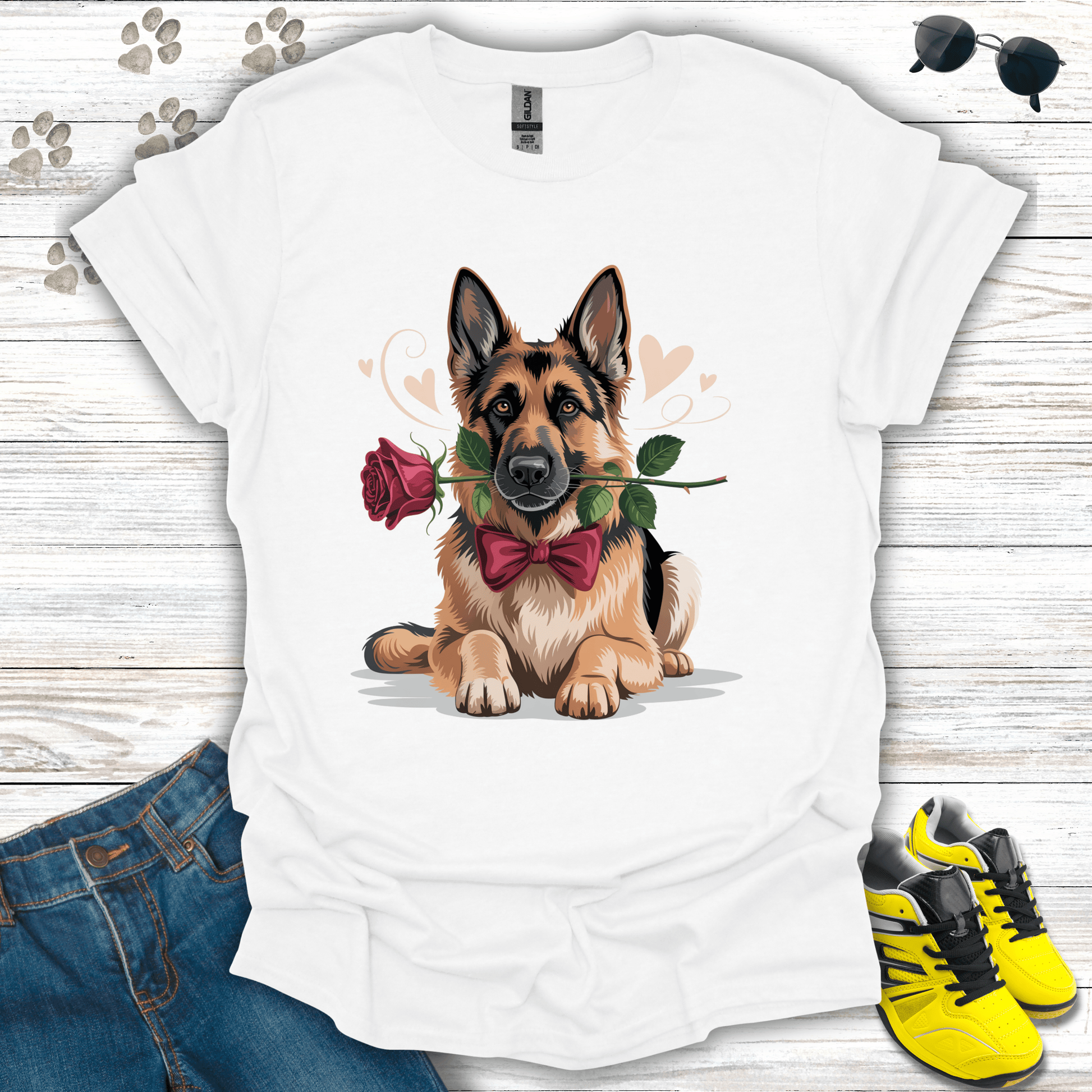 German Shepherd holding rose with blush hearts printed on white Valentine T-shirt