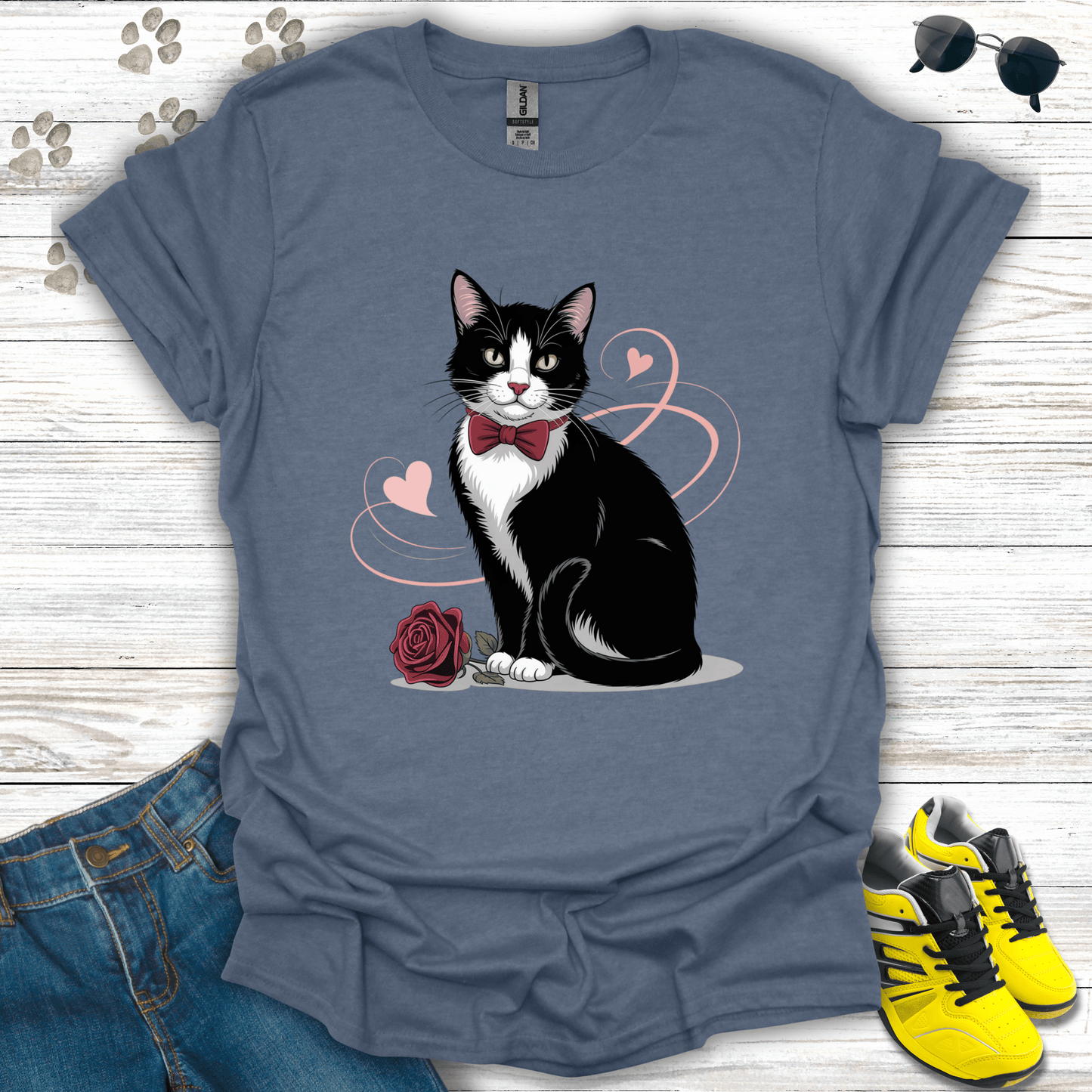 Tuxedo cat rose and heart swirl Valentine design on heather indigo shirt