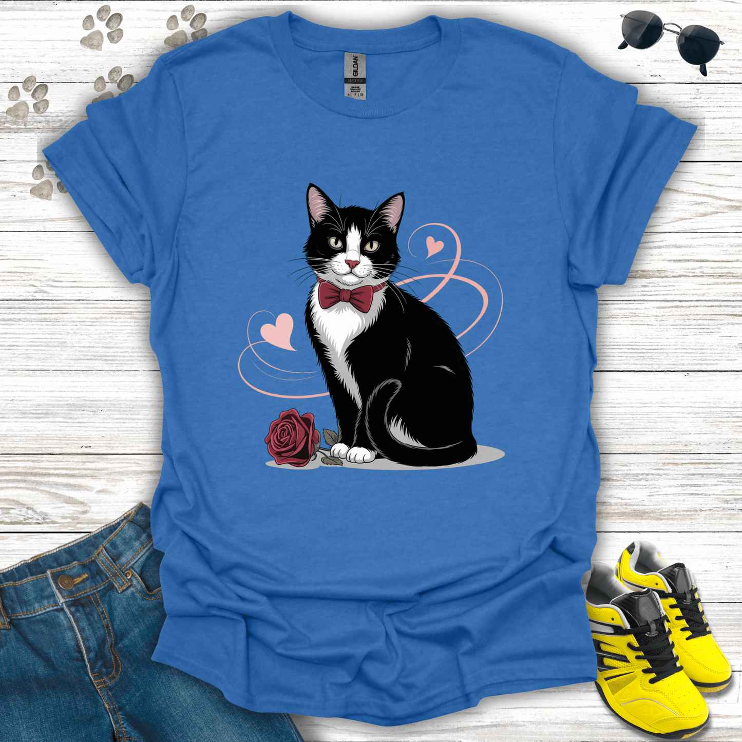 Tuxedo cat with rose and blush hearts printed on heather royal Valentine T-shirt