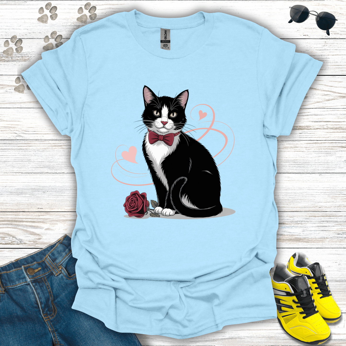 Cat with rose and blush hearts on light blue Valentine T-shirt