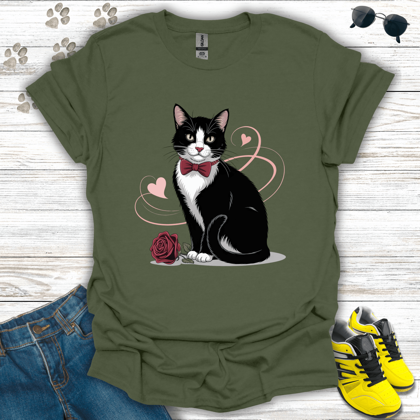 Tuxedo cat Valentine rose design on military green tee