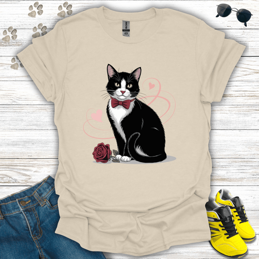 Elegant tuxedo cat Valentine design with rose and heart swirls on natural tee
