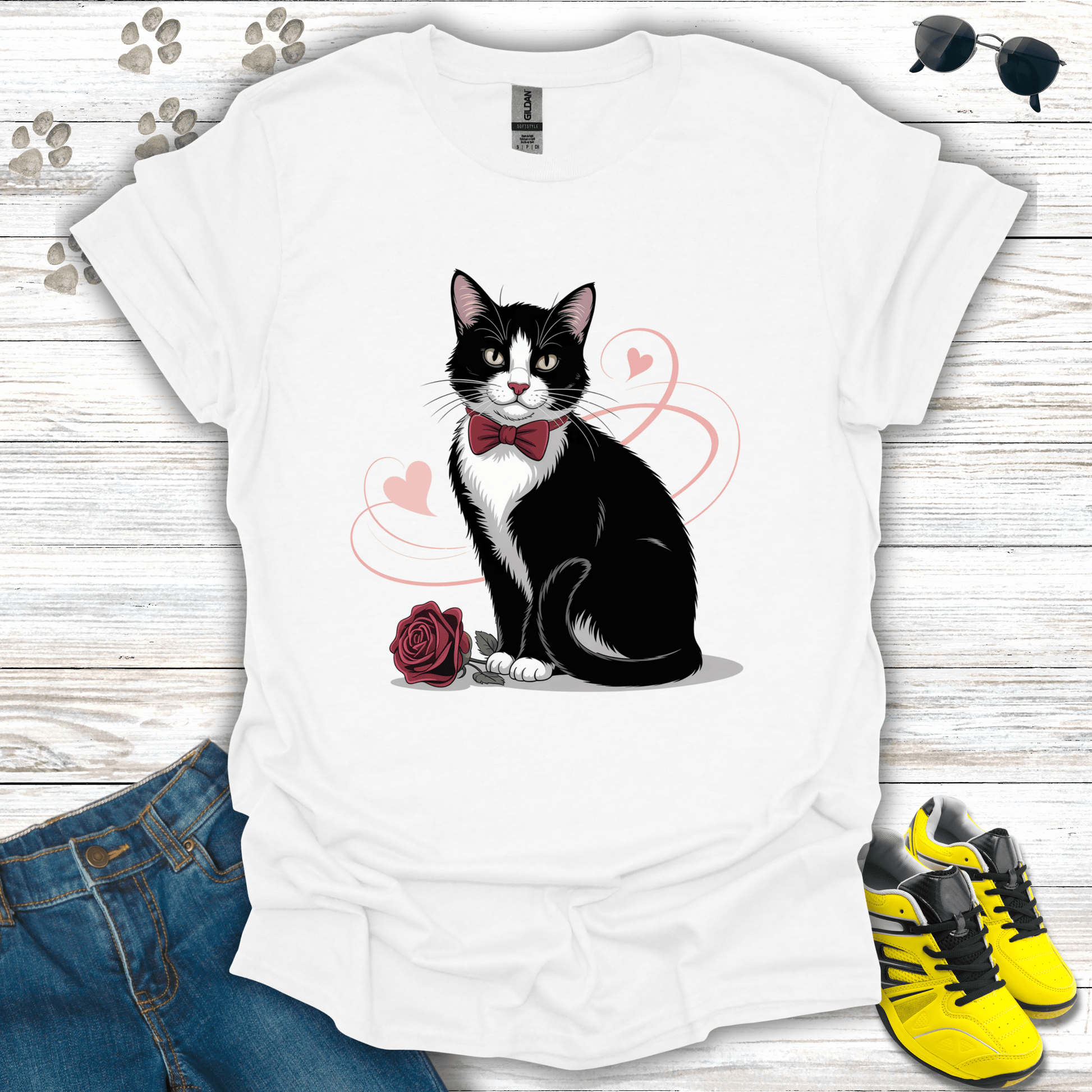 Tuxedo cat with rose and blush hearts printed on white Valentine T-shirt