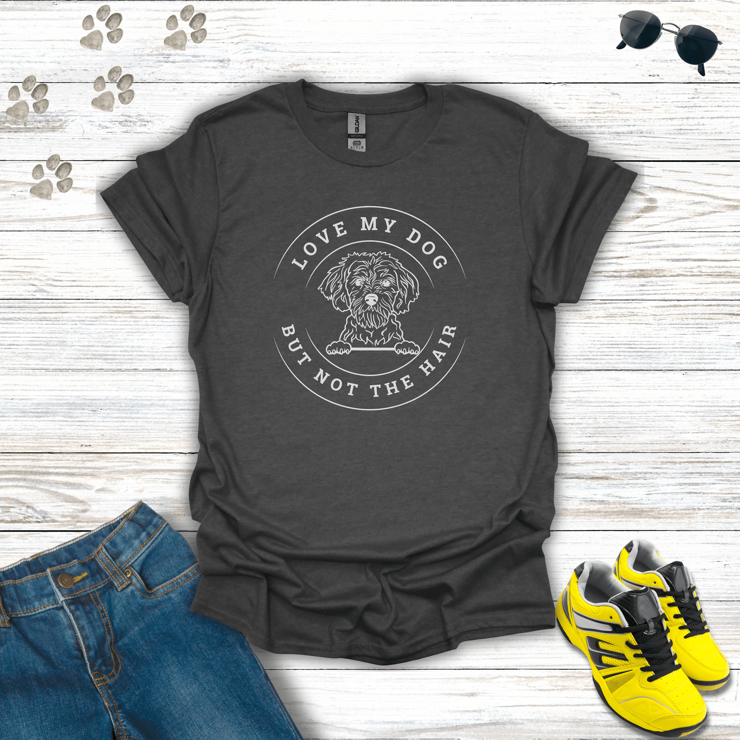 Love My Dog But Not The Hair T-shirt in Dark Heather — dog lover tee with funny saying