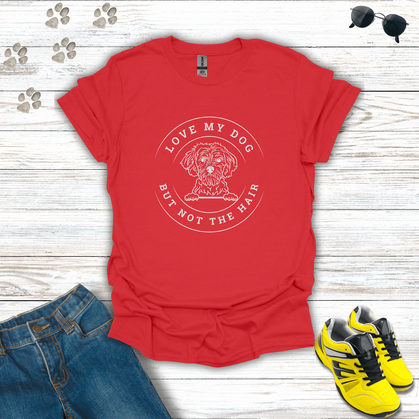 Love My Dog But Not The Hair T-shirt in Red — funny dog mom and dad shirt