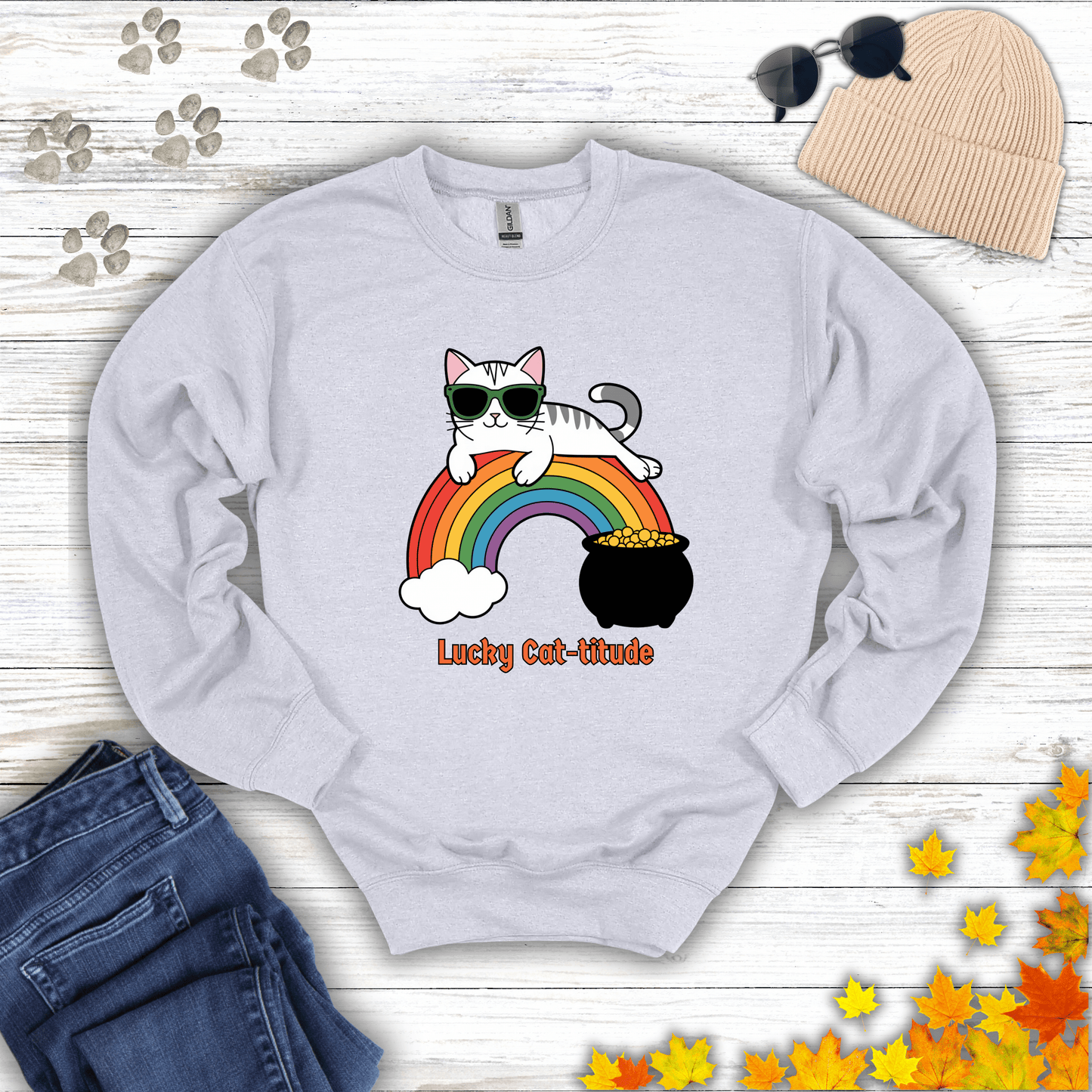 Lucky Cat-titude Sweatshirt S / Ash unisex graphic t-shirt