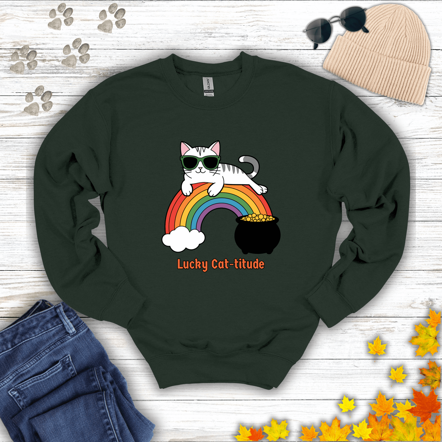 Lucky Cat-titude Sweatshirt S / Forest Green unisex graphic t-shirt