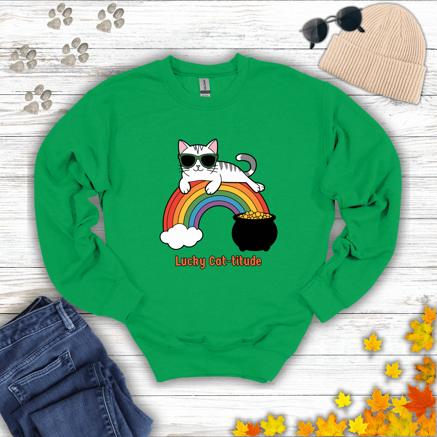 Lucky Cat-titude Sweatshirt S / Irish Green unisex graphic t-shirt