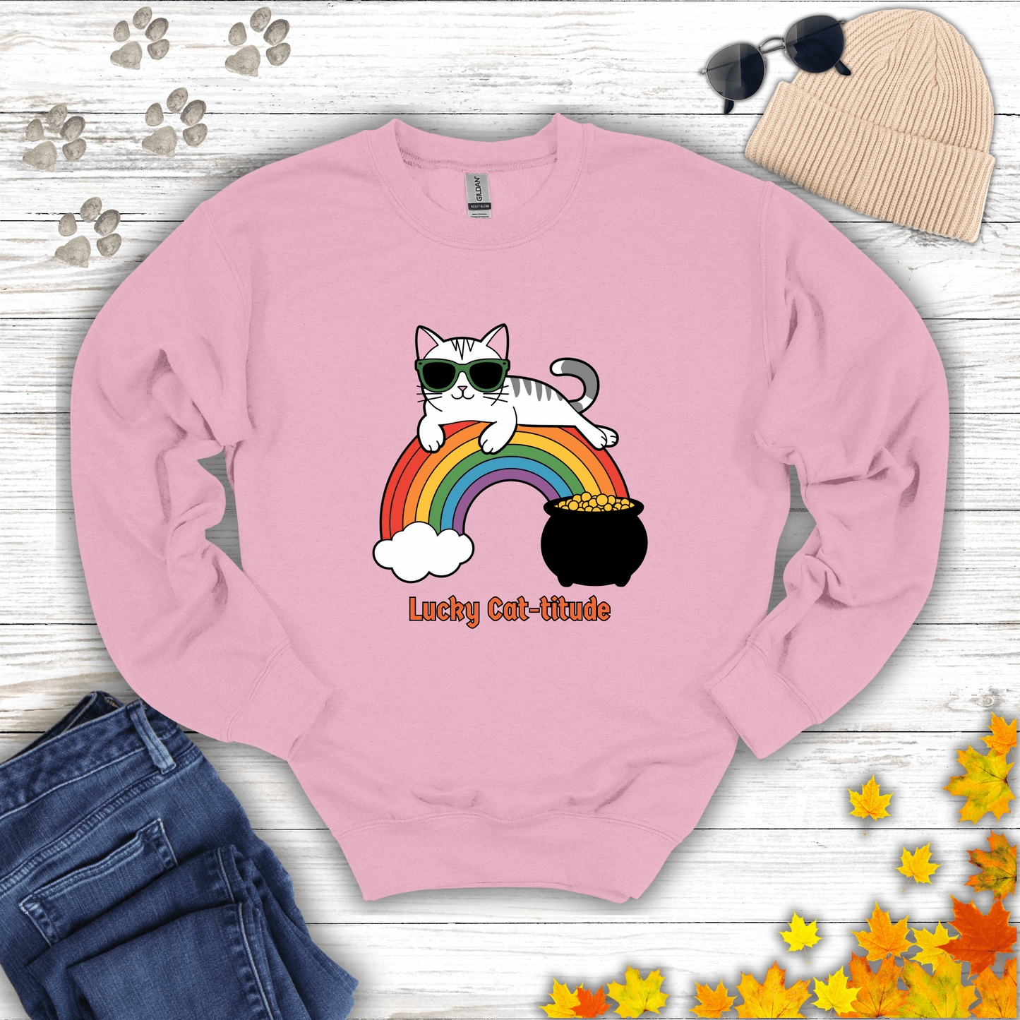 Lucky Cat-titude Sweatshirt S / Light Pink unisex graphic t-shirt