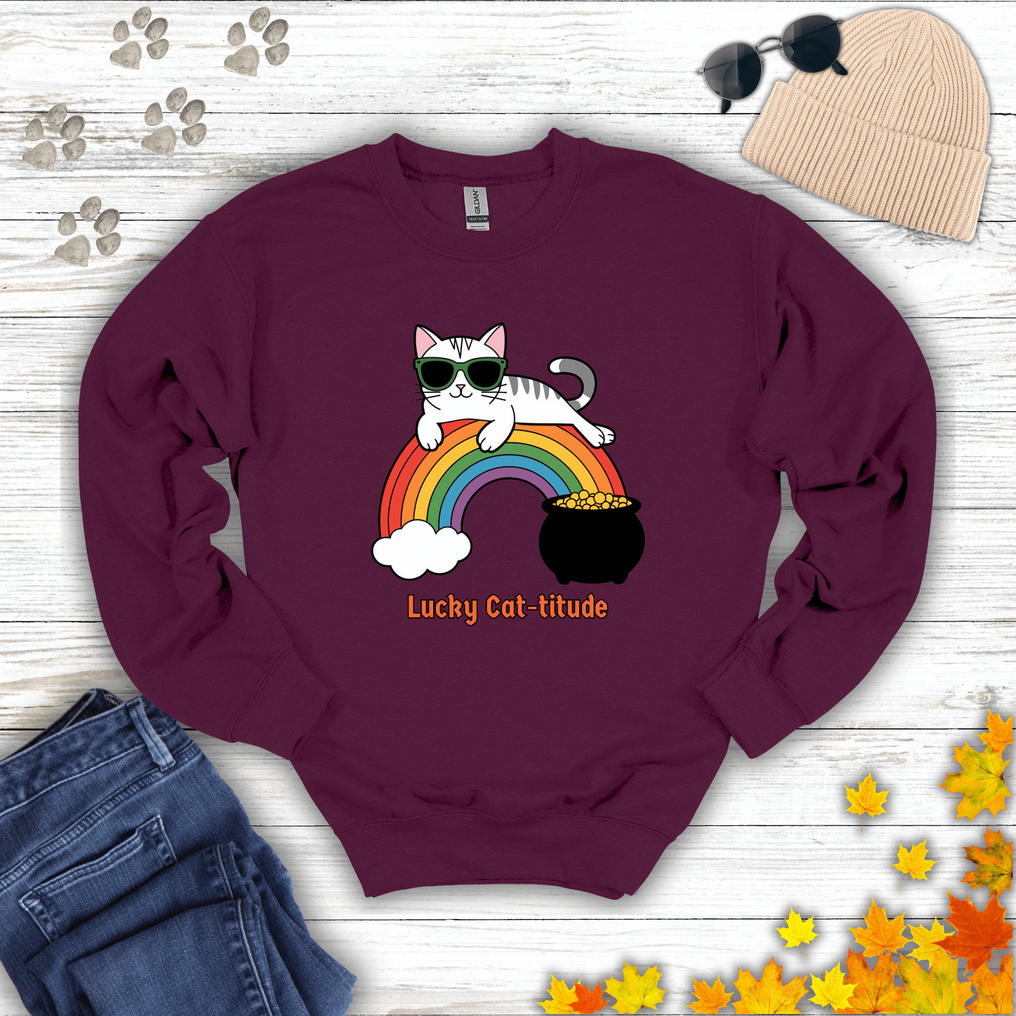 Lucky Cat-titude Sweatshirt S / Maroon unisex graphic t-shirt