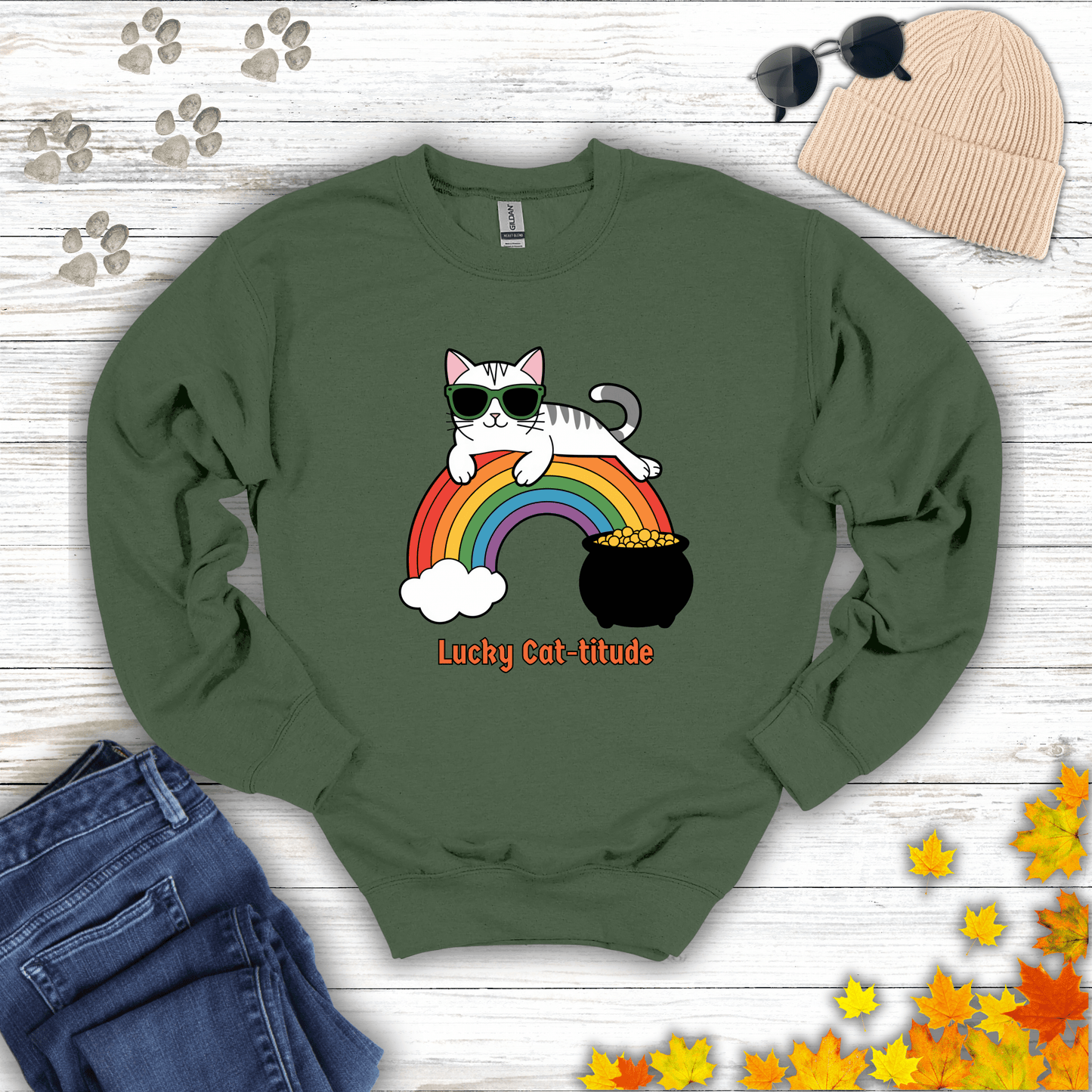 Lucky Cat-titude Sweatshirt S / Military Green unisex graphic t-shirt