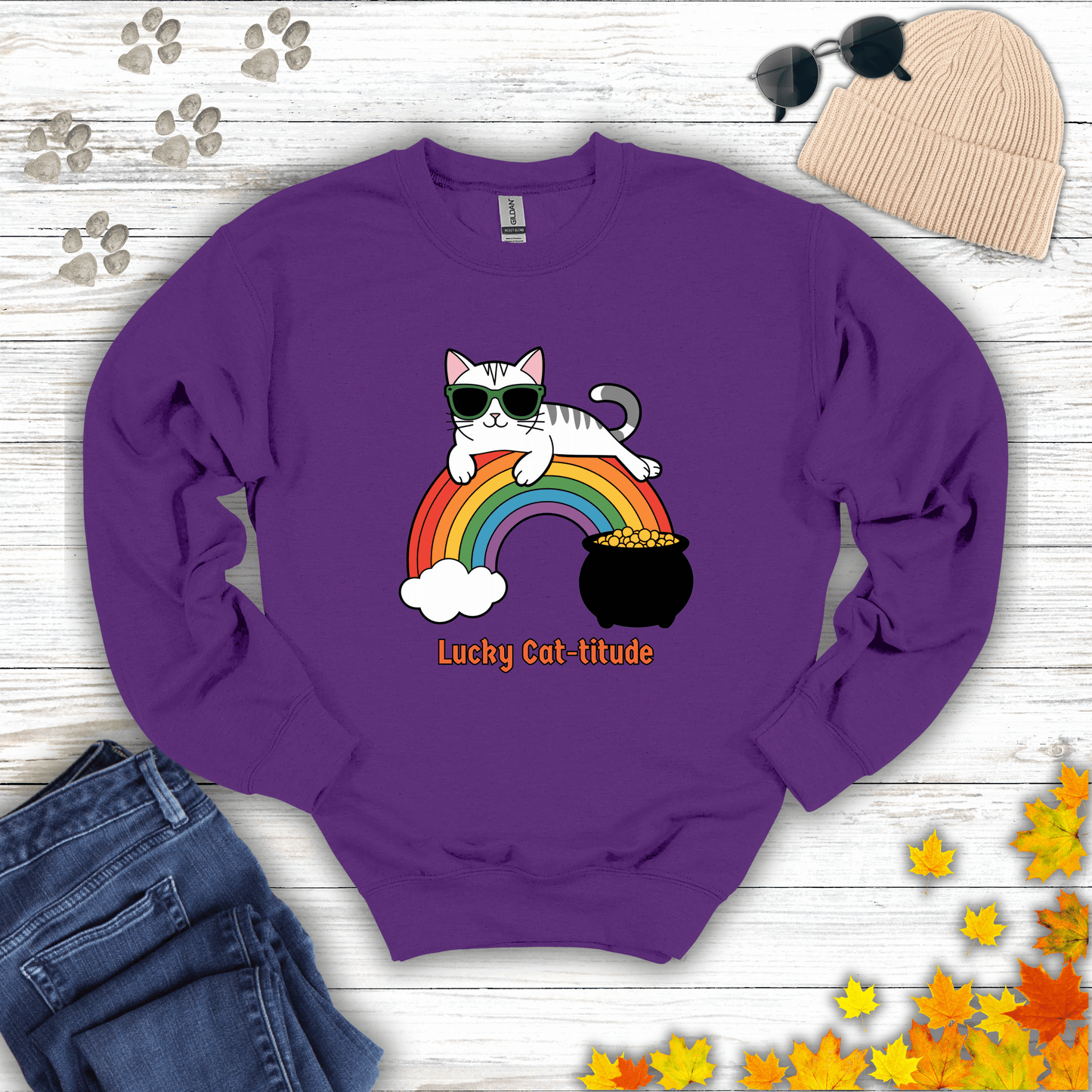 Lucky Cat-titude Sweatshirt S / Purple unisex graphic t-shirt