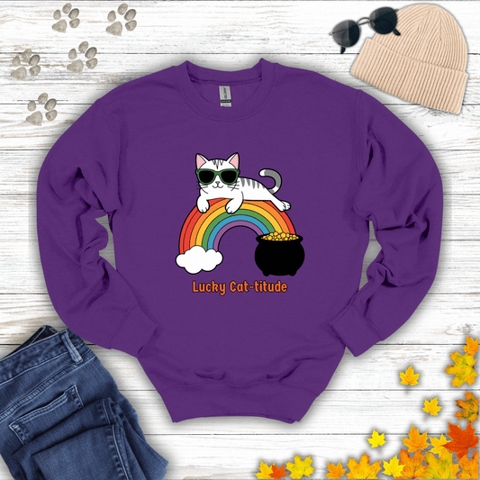 Lucky Cat-titude Sweatshirt S / Purple unisex graphic t-shirt