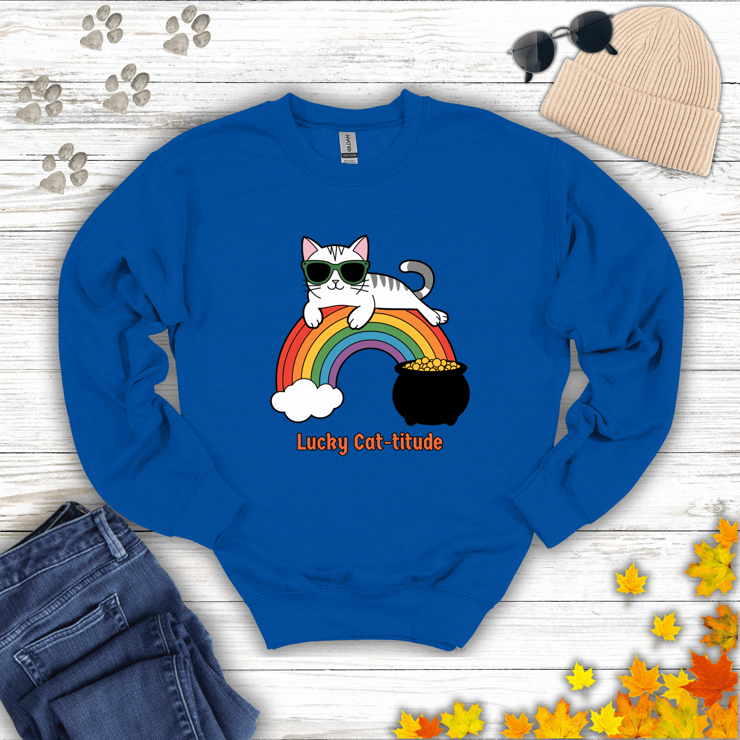 Lucky Cat-titude Sweatshirt S / Royal unisex graphic t-shirt