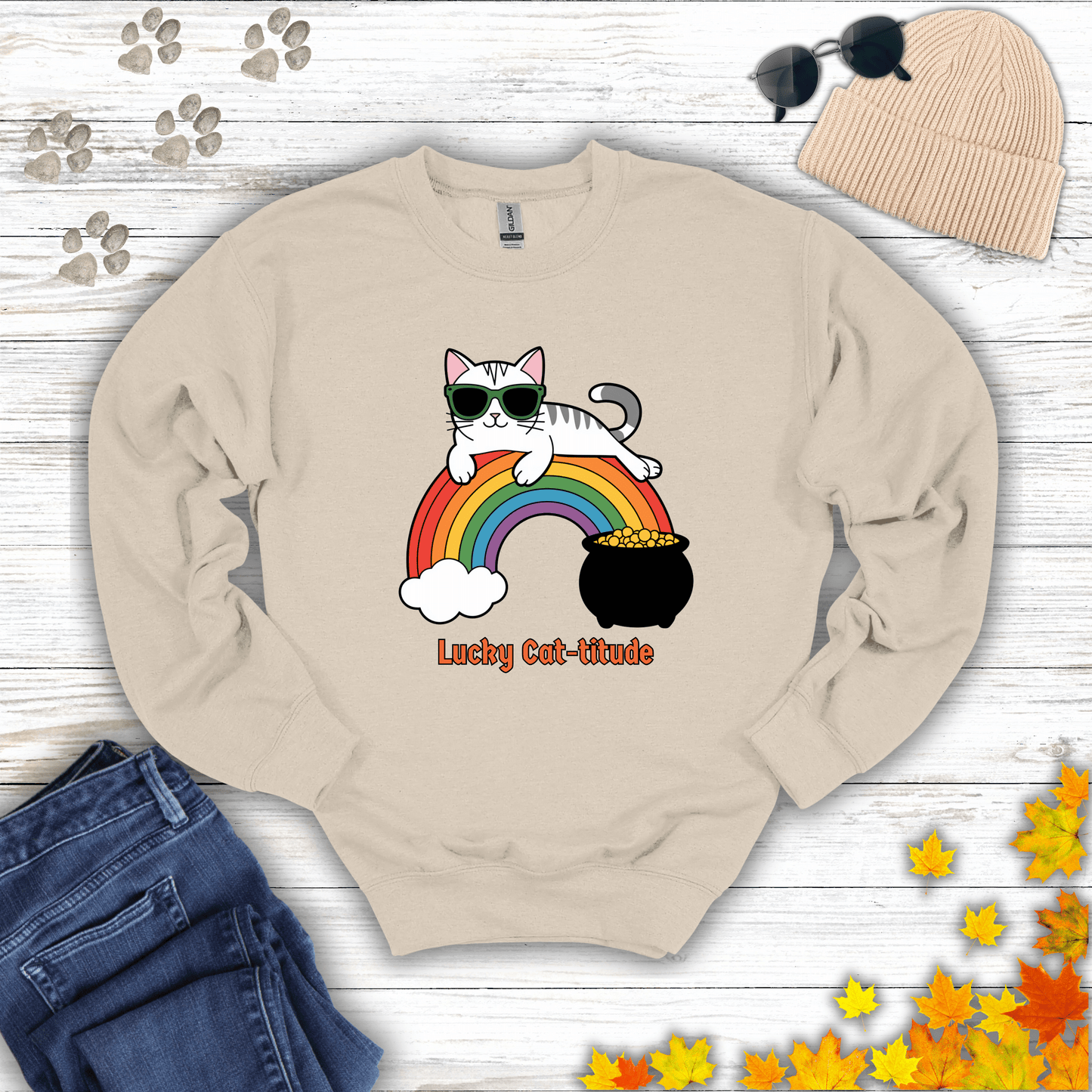 Lucky Cat-titude Sweatshirt S / Sand unisex graphic t-shirt