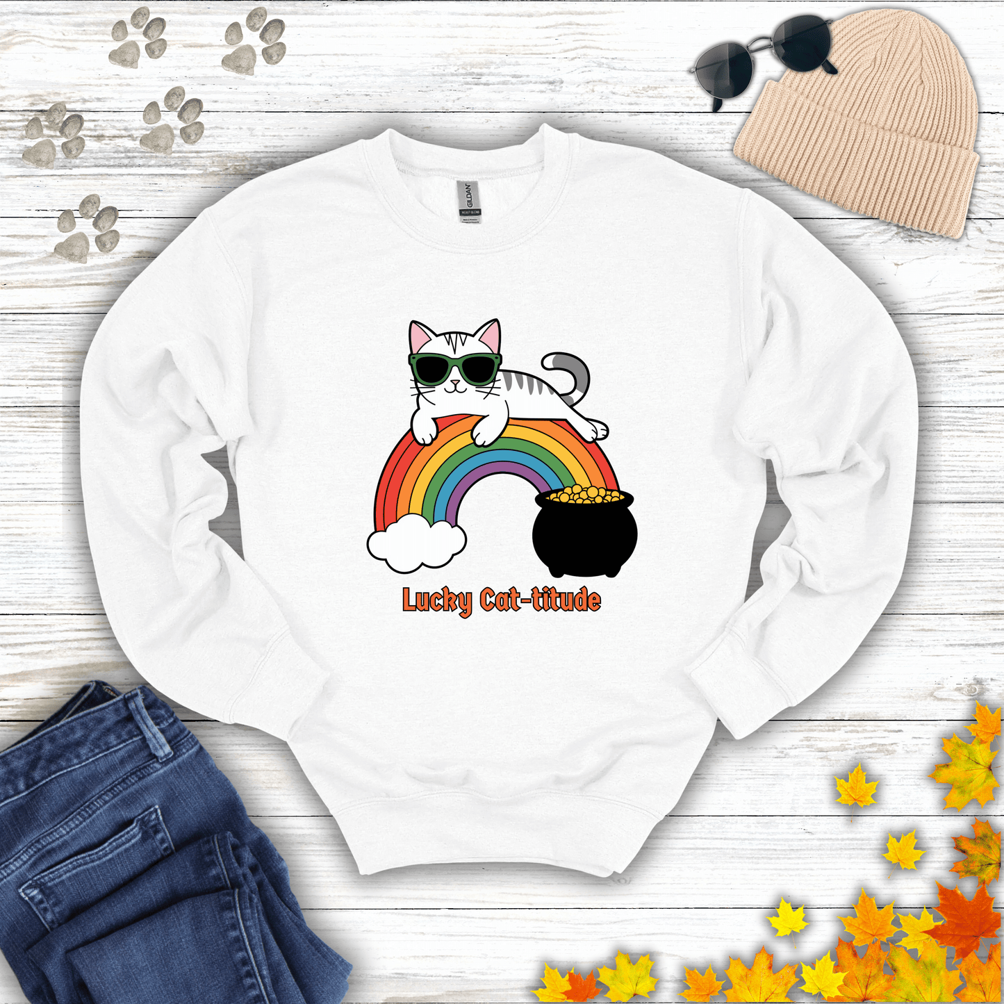Lucky Cat-titude Sweatshirt S / White unisex graphic t-shirt