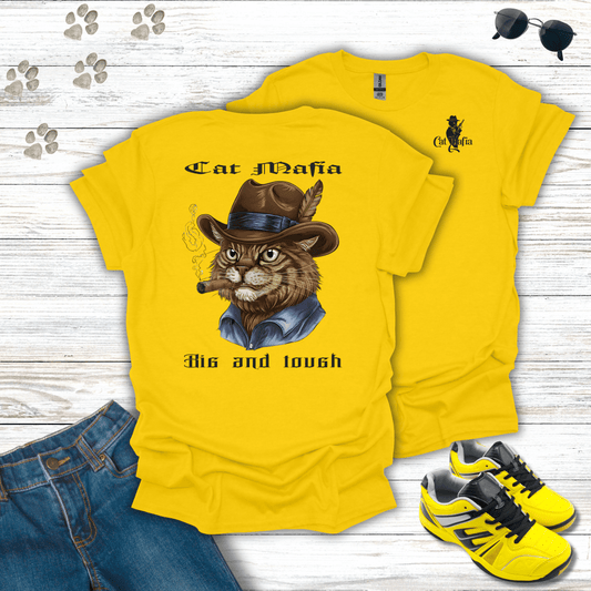 Maine Coon Cat Mafia T-shirt in Daisy — strong Maine Coon cat in fedora and cigar design