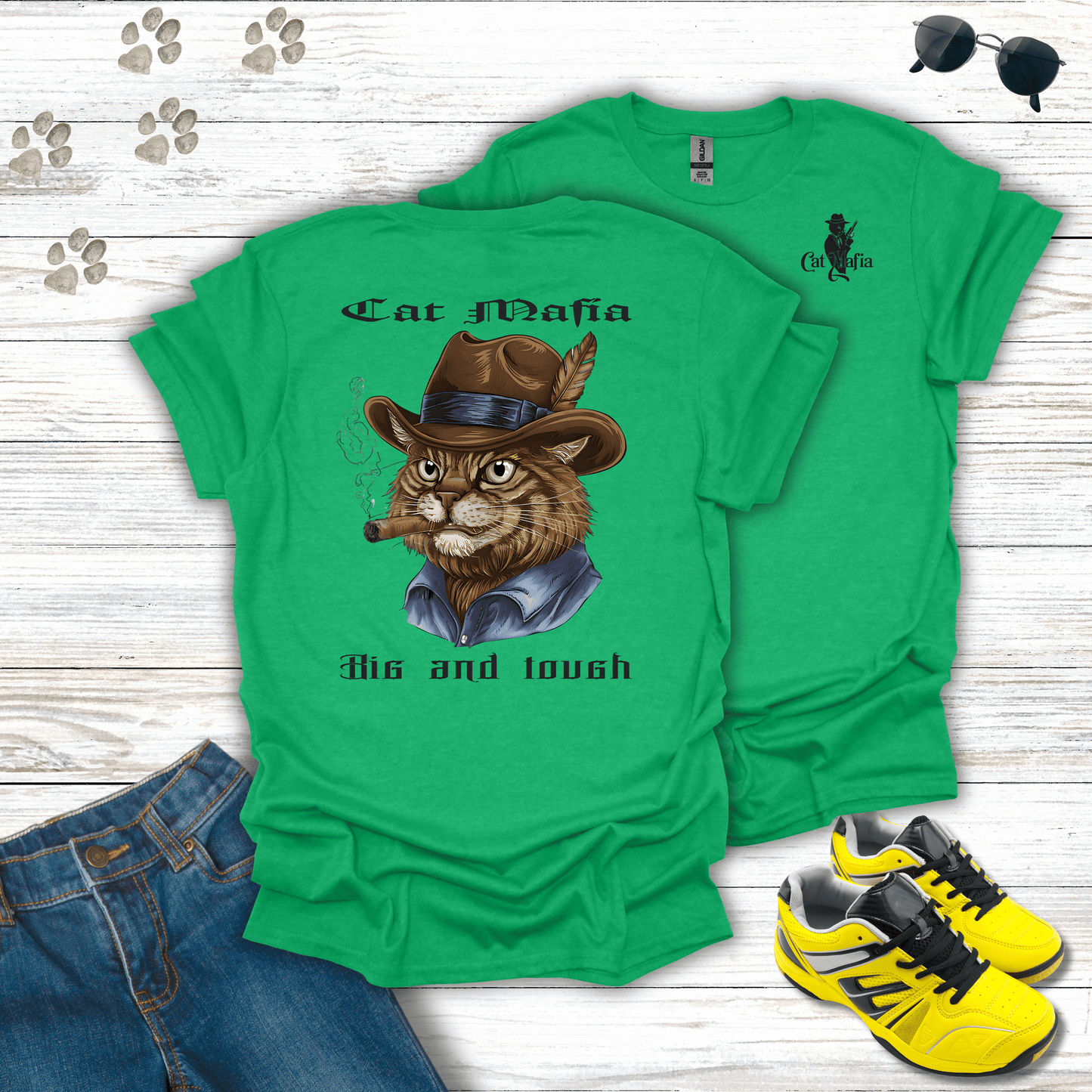 Maine Coon Cat Mafia T-shirt in Heather Irish Green — humorous Maine Coon mafia boss tee