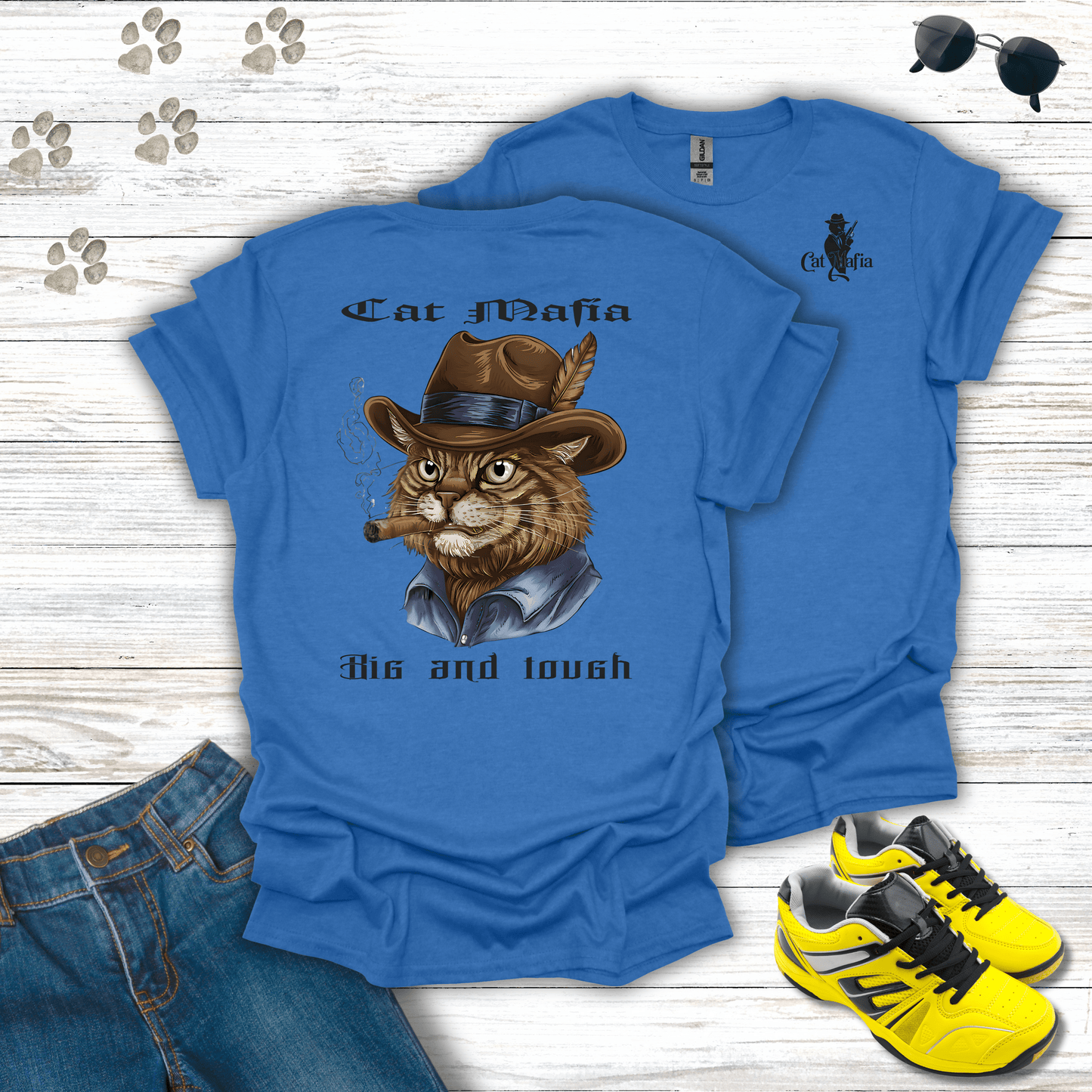 Maine Coon Cat Mafia T-shirt in Heather Royal — bold Maine Coon mobster cat design