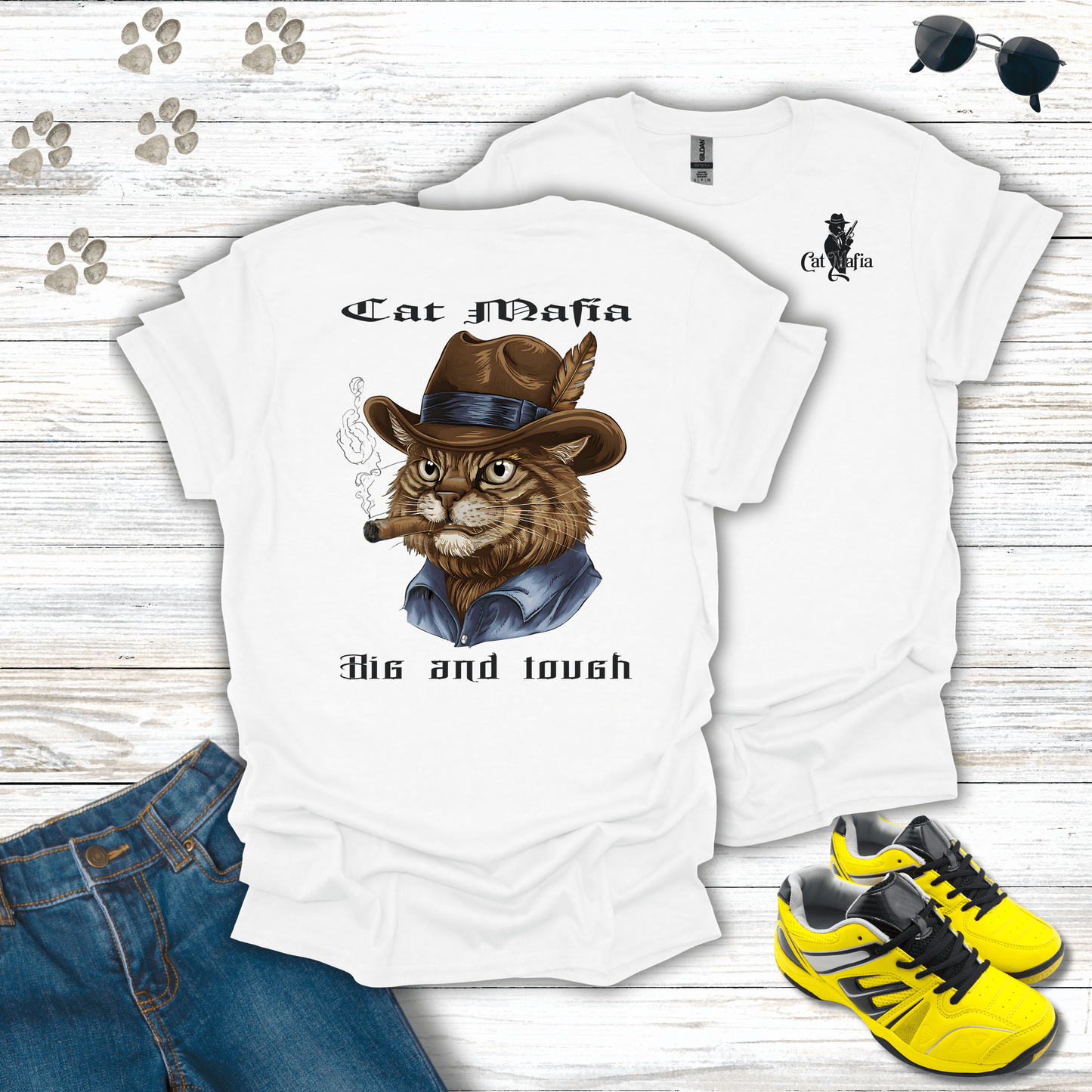 Maine Coon Cat Mafia T-shirt in White — stylish Maine Coon boss cat design