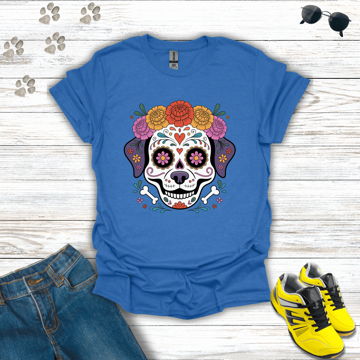 Marigold Crown Sugar Skull Dog T-Shirt Heather Royal / S unisex graphic t-shirt