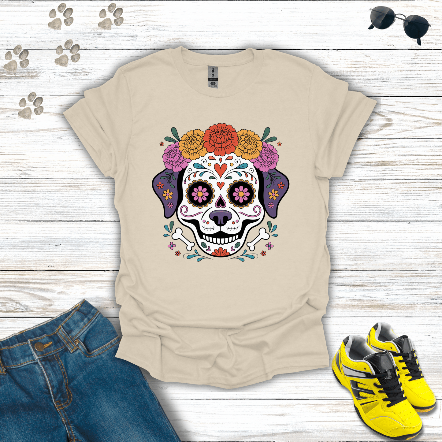 Marigold Crown Sugar Skull Dog T-Shirt Natural / S unisex graphic t-shirt