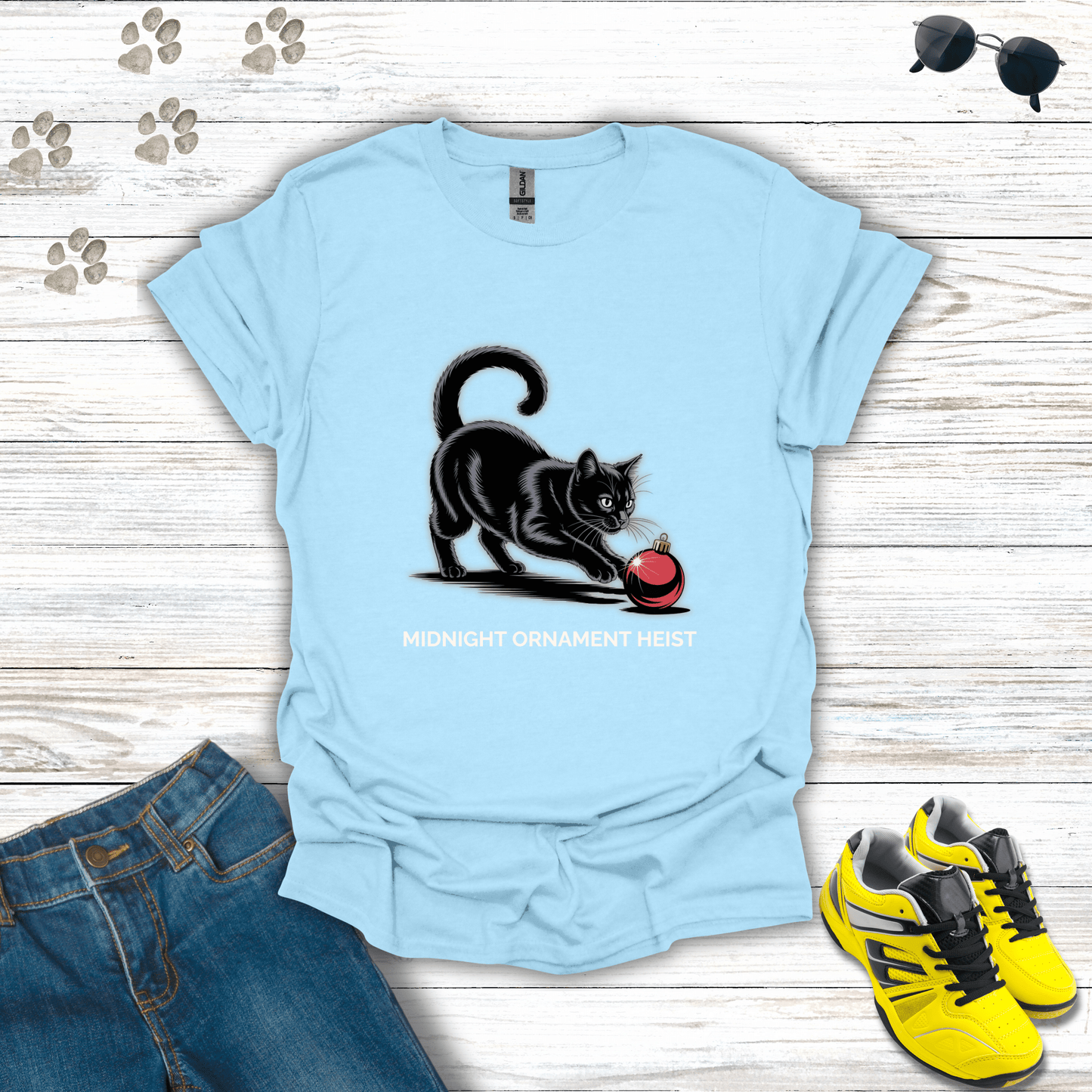 Midnight Ornament Heist Cat T-Shirt Light Blue / S unisex graphic t-shirt