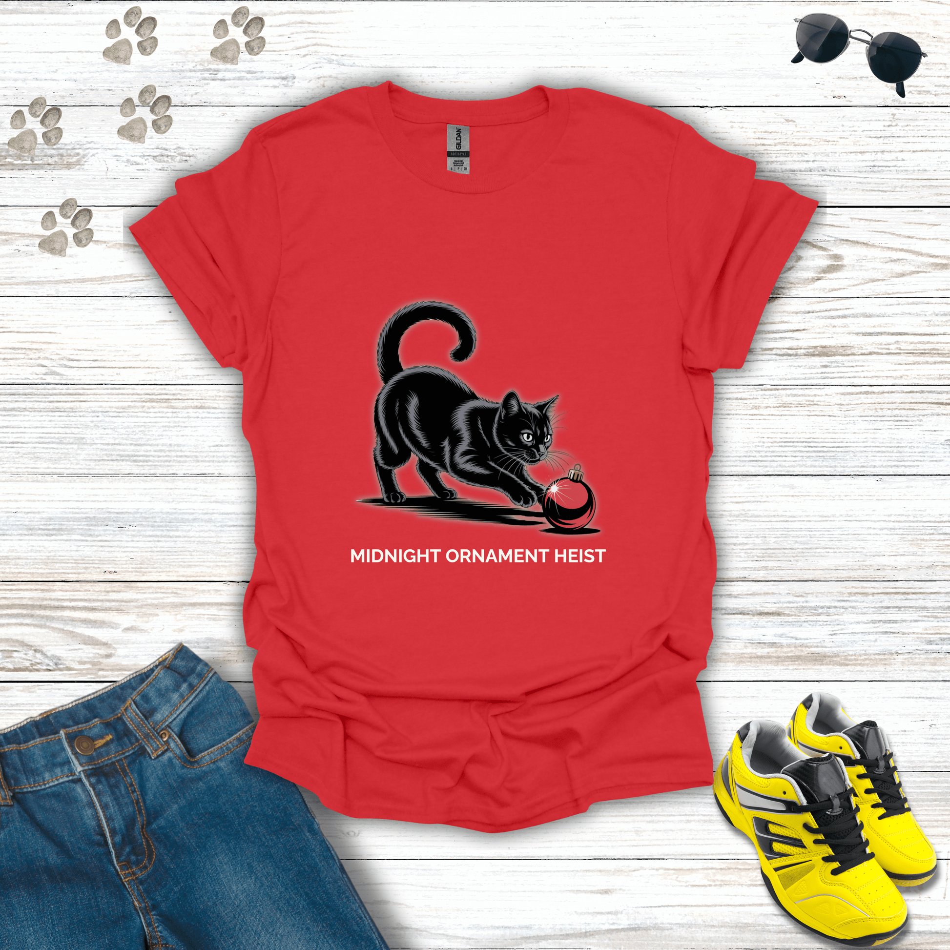 Midnight Ornament Heist Cat T-Shirt Red / S unisex graphic t-shirt