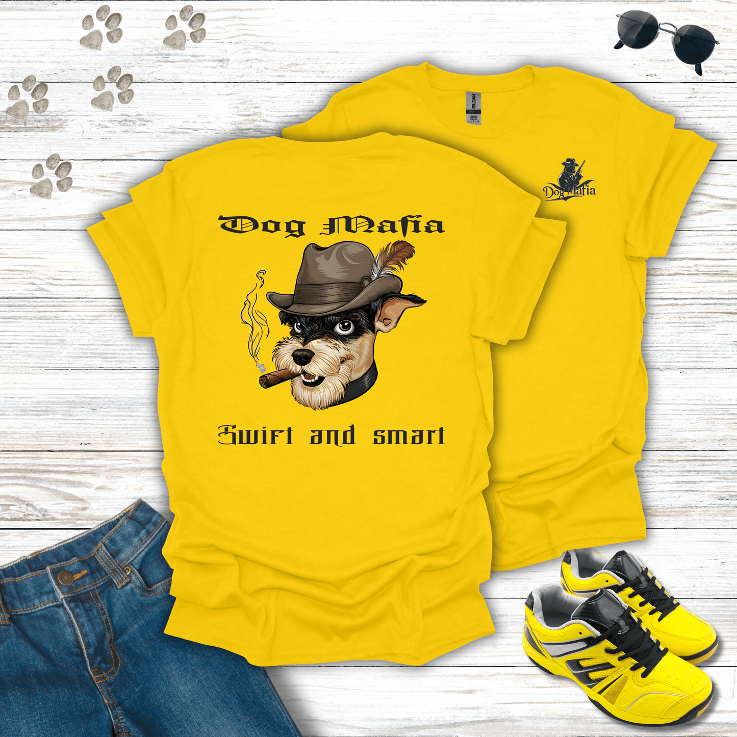 Miniature Schnauzer Dog Mafia T-shirt in Daisy — playful Schnauzer mafia design