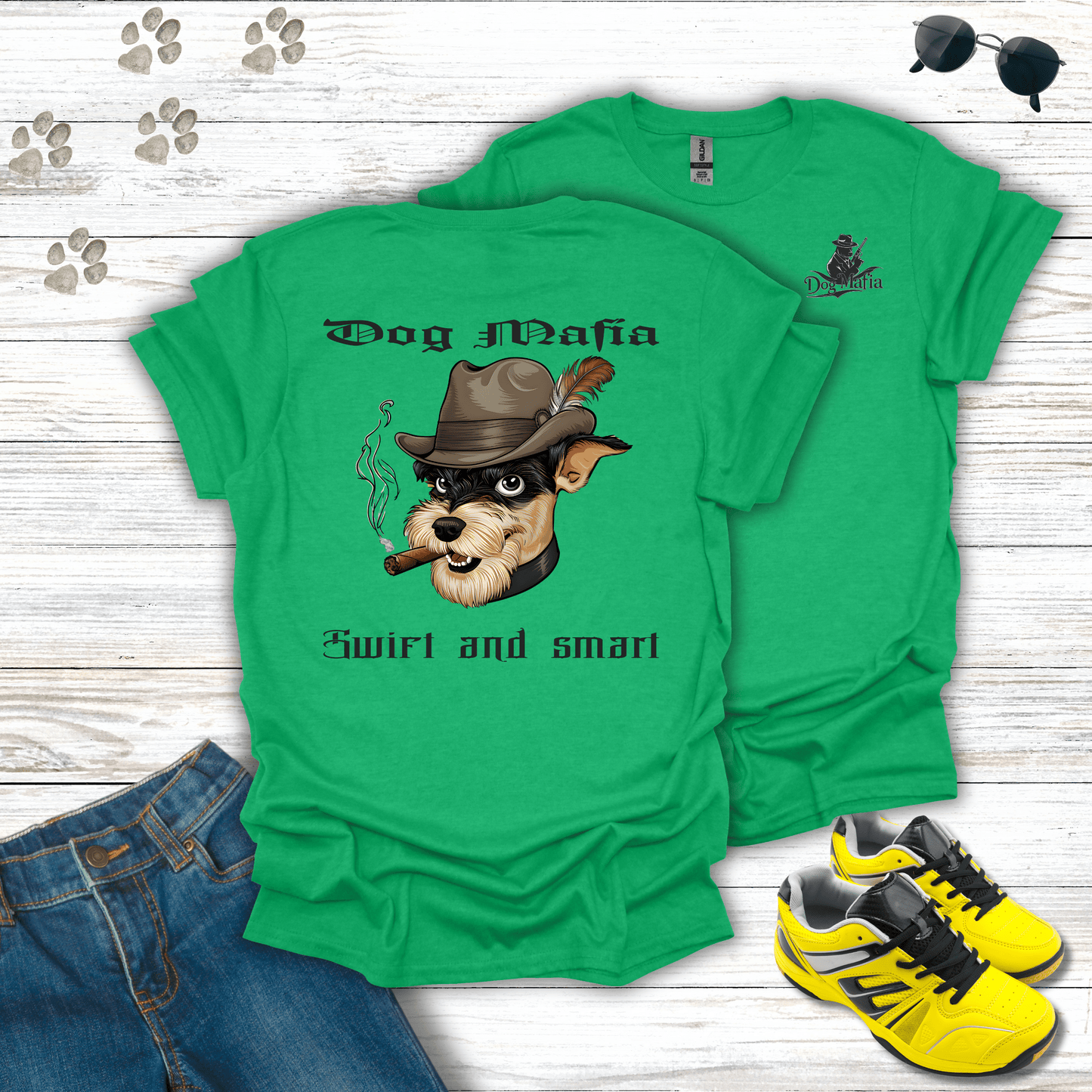 Miniature Schnauzer Dog Mafia T-shirt in Heather Irish Green — funny Schnauzer mobster shirt