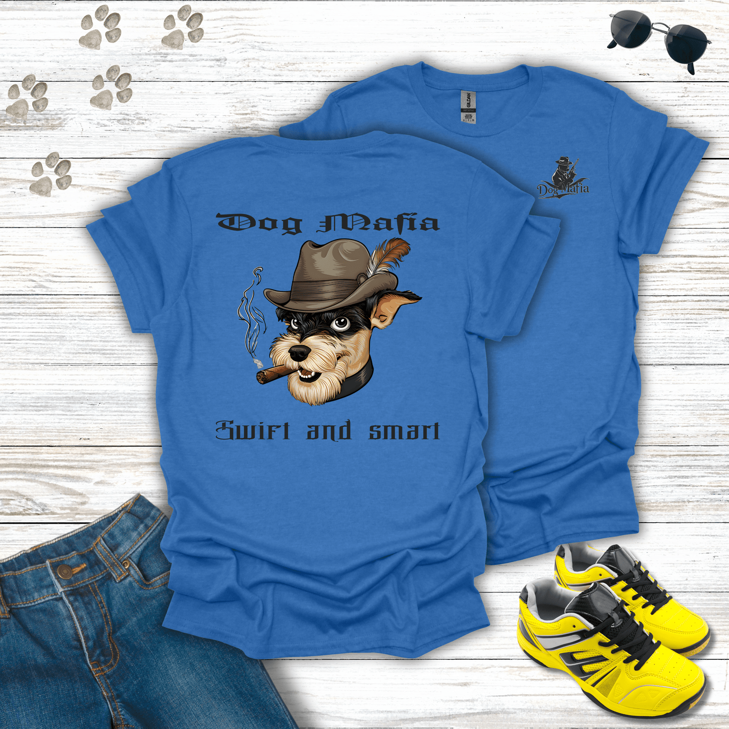 Miniature Schnauzer Dog Mafia T-shirt in Heather Royal — bold Schnauzer mafia graphic tee