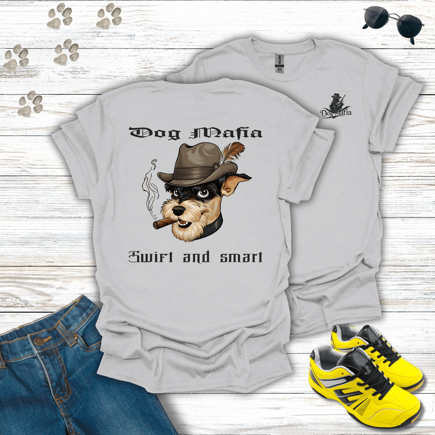 Miniature Schnauzer Dog Mafia T-shirt in Ice Grey — smart and funny Schnauzer mafia shirt