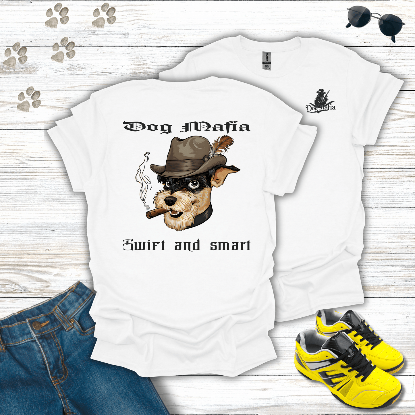 Miniature Schnauzer Dog Mafia T-shirt in White — Schnauzer mobster in fedora and cigar design